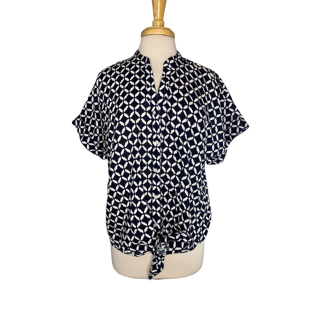 CHARTER CLUB Linen Blue White Geometric Print Blouse Large Tie Front Button Up